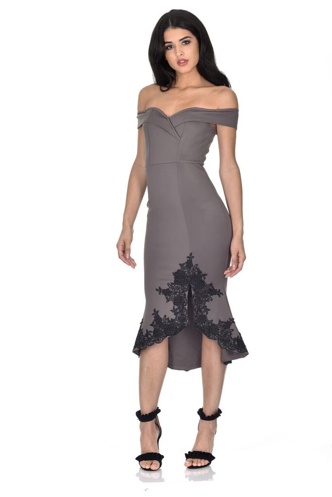 Pewter Off The Shoulder Lace Hem Dress