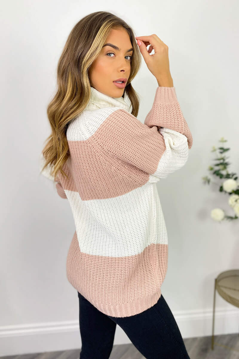 Pink And Cream Block Colour Knitted Jumper