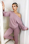 Pink Chunky Knit Slash Neck Lounge Set