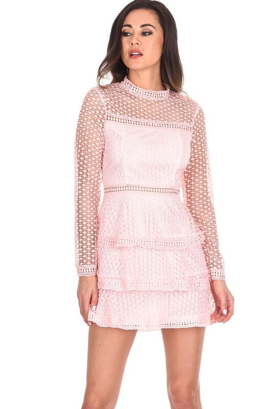 Pink Crochet Long Sleeved Dress