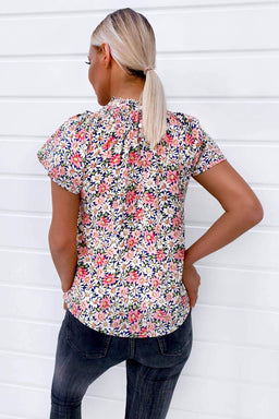 Pink Floral High Neck Frill Sleeve Top