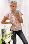 Pink Floral High Neck Frill Sleeve Top