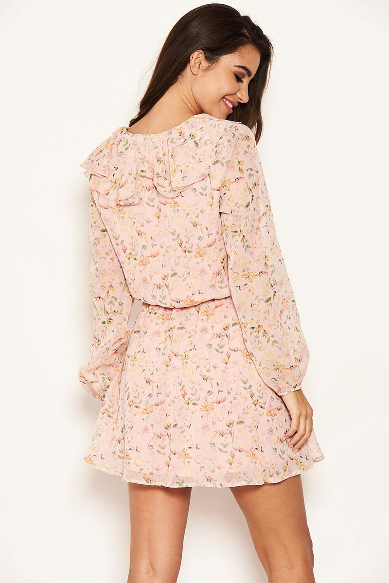 Pink Floral Lace up Front Frill Dress