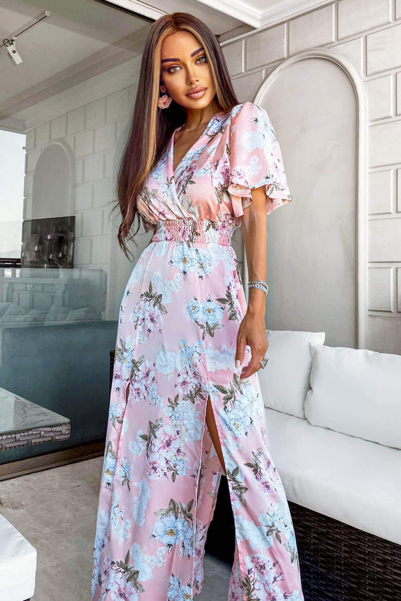 Pink Floral Side Split Maxi Dress