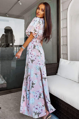Pink Floral Side Split Maxi Dress
