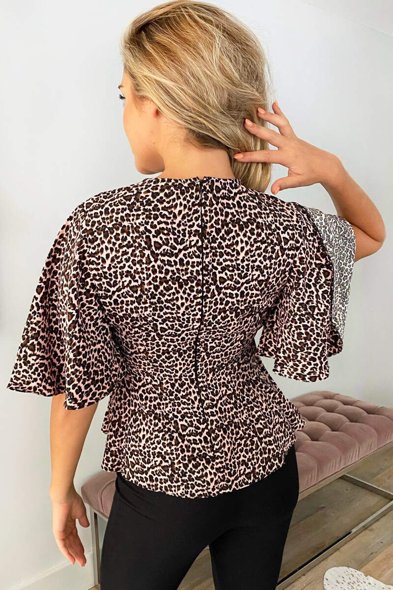 Pink Leopard Print Flared Blouse