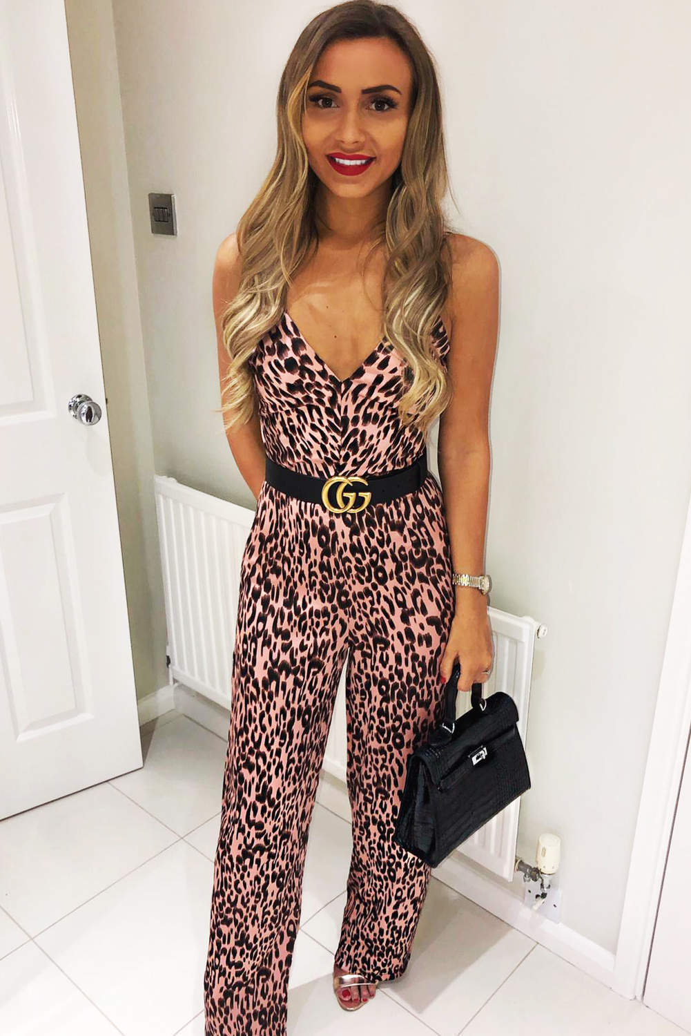 Pink leopard store print jumpsuit