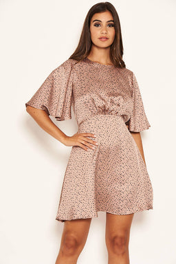 Pink Polka Dot Gathered Waist Skater Dress