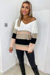 Pink V Front Colour Block Striped Knitted Jumper