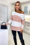 Pink and Cream Colour Block Wide Neck Knitted Jumper