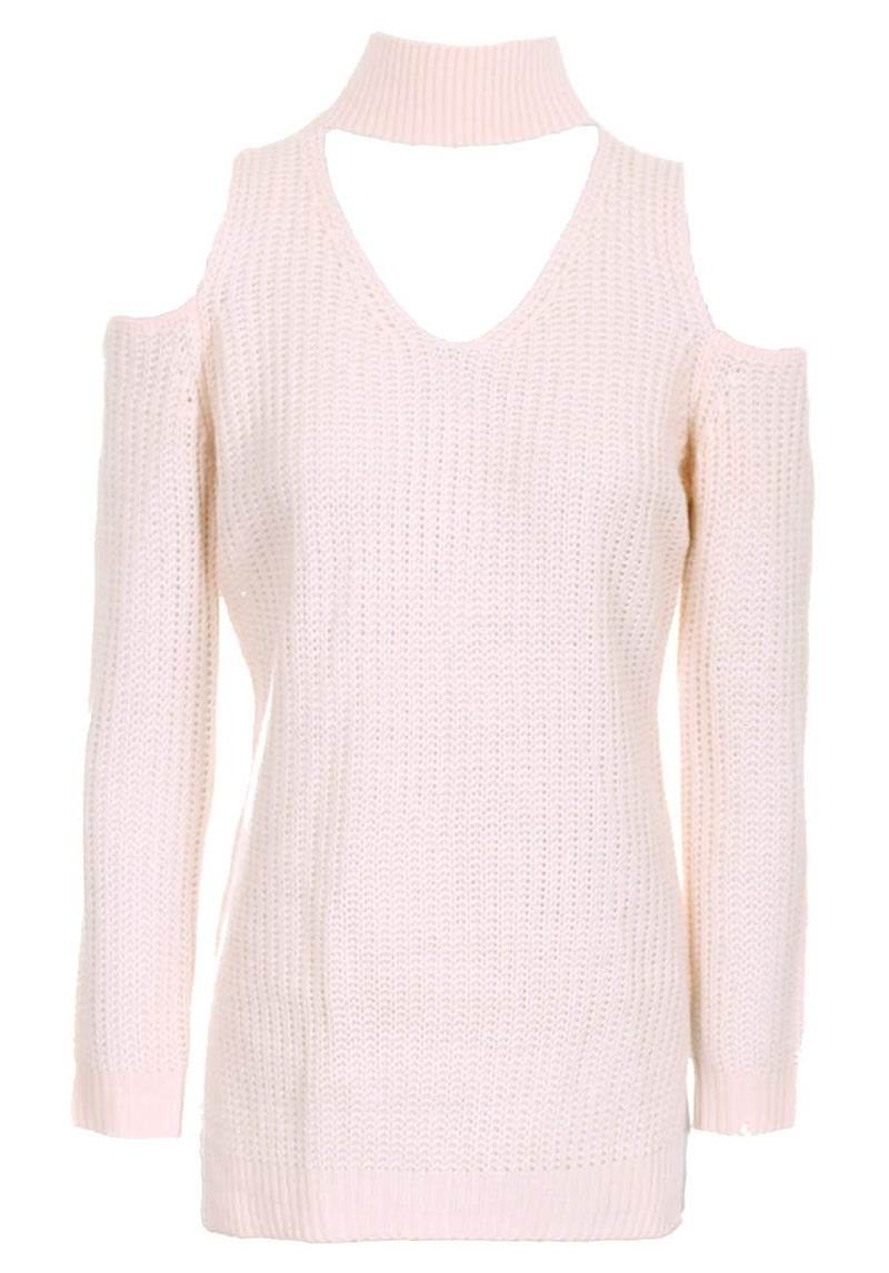 Pink Cold Shoulder Choker Jumper