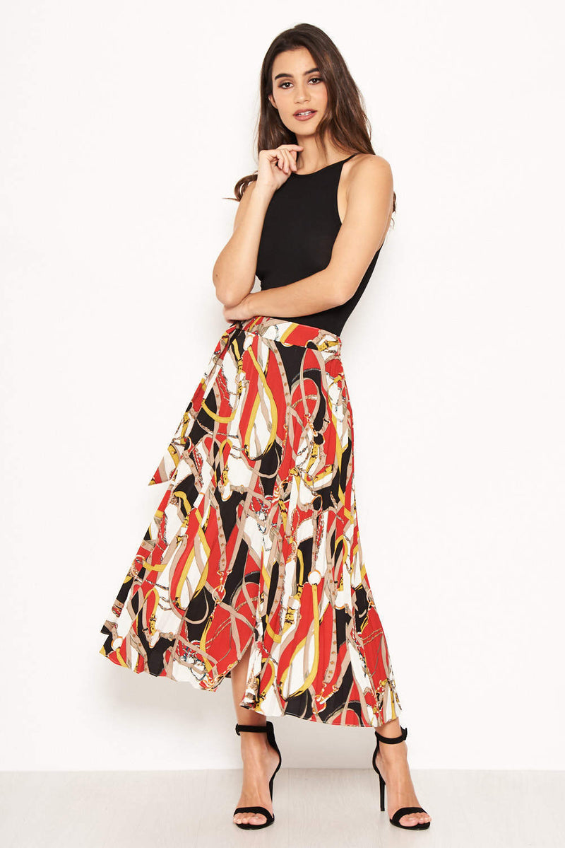 Pleated Chain Print Midi Skirt