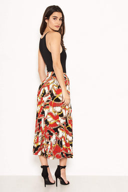 Pleated Chain Print Midi Skirt
