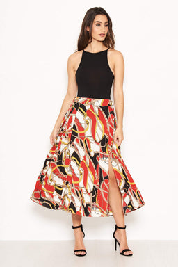Pleated Chain Print Midi Skirt