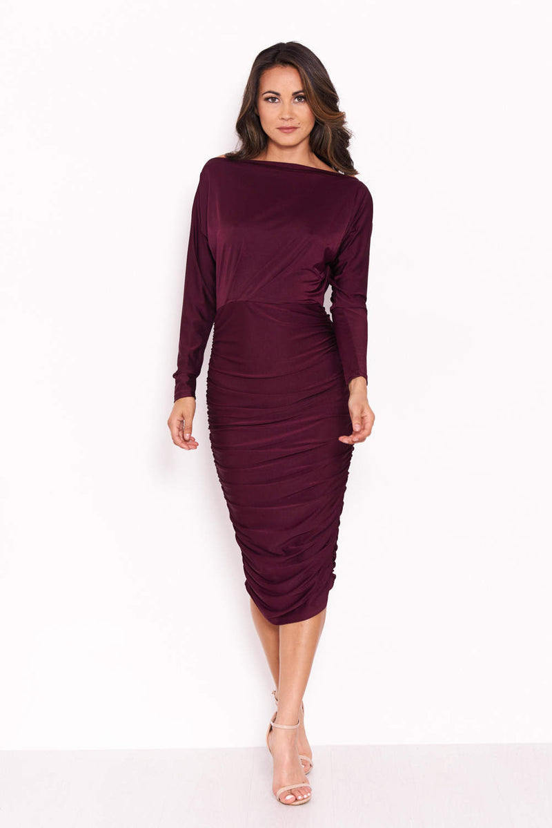 Plum Boat Neck Dress With Ruched Detail