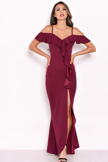 Plum Cold Shoulder Frill Detail Split Dress