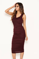 Plum Cowl Neck Ruched Side Bodycon Midi Dress