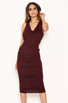 Plum Cowl Neck Ruched Side Bodycon Midi Dress