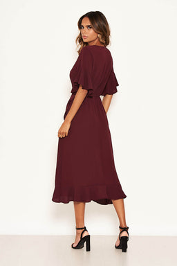 Plum Midi Dress With Frill Hem And Sleeves