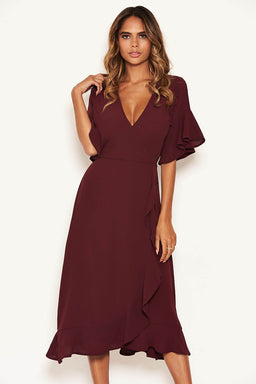 Plum Midi Dress With Frill Hem And Sleeves