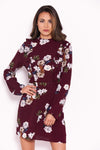 Plum Floral Dress With Frill Detail