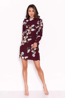 Plum Floral Dress With Frill Detail