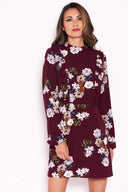 Plum Floral Dress With Frill Detail