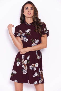 Plum Floral Frill Sleeve High Neck Dress