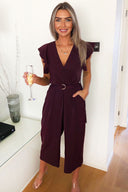 Plum Frill Shoulder Wrap Jumpsuit