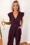 Plum Frill Shoulder Wrap Jumpsuit