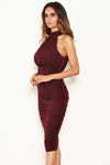 Plum High Neck Ruched Bodycon Midi Dress