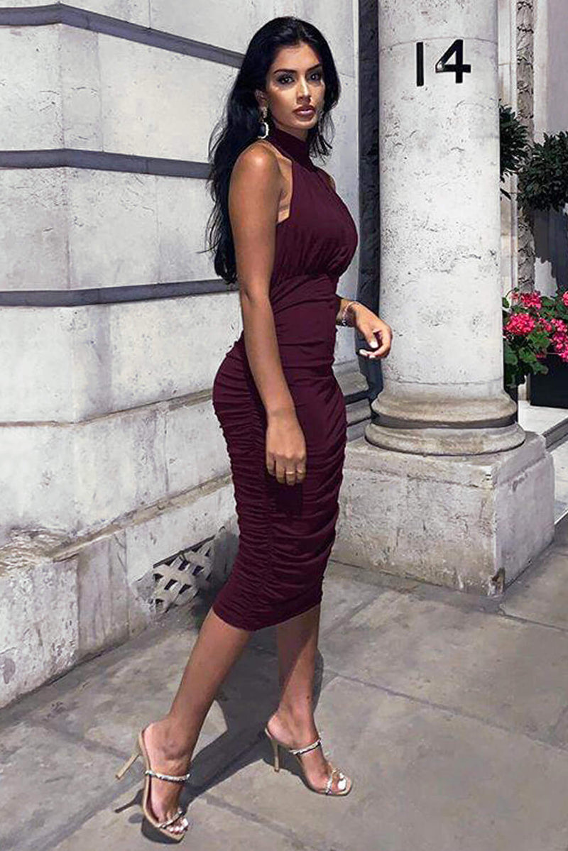 plum bodycon midi dress Nazl Ceren BRIDGET LONG SATIN DRESS IN SPICED PLUM