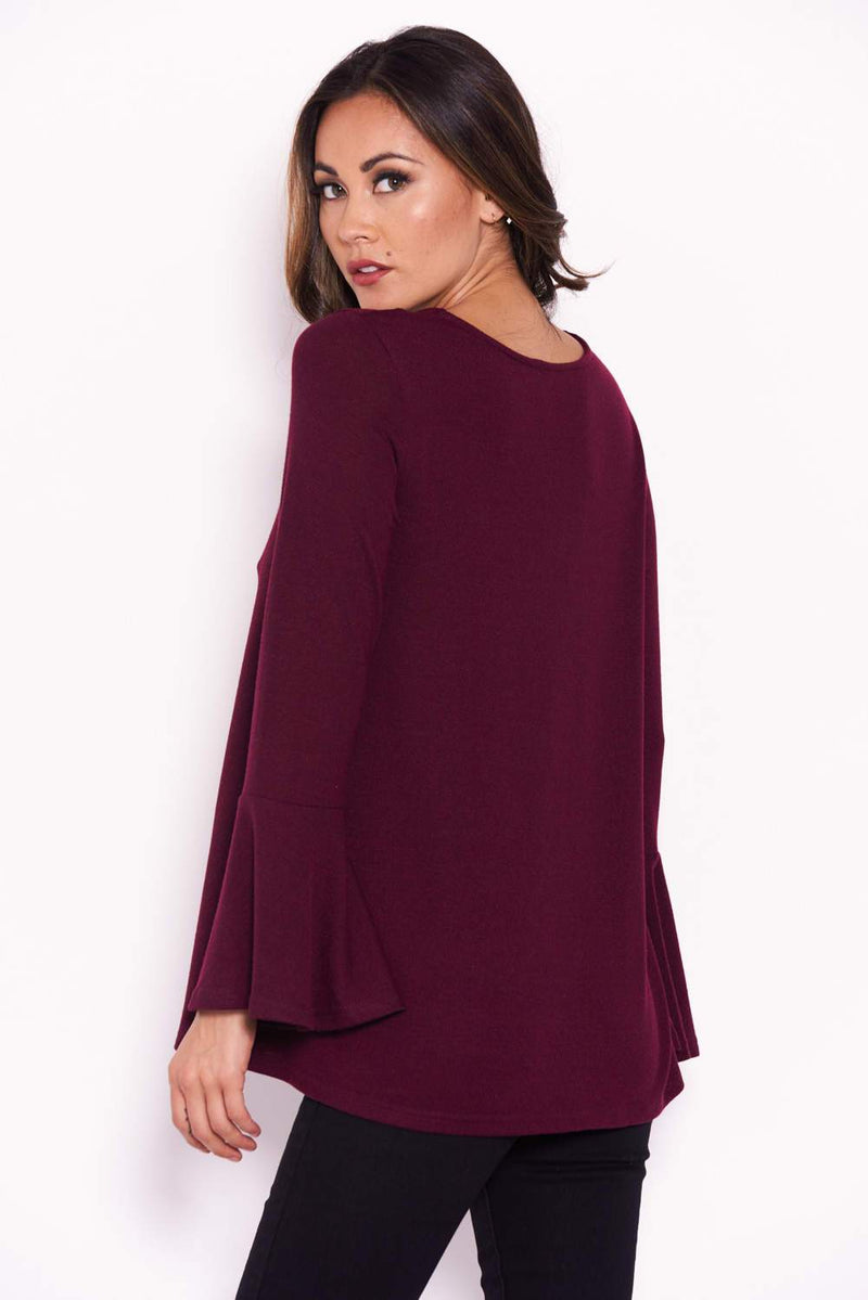 Plum Knitted Top With Frill Detailed Sleeves