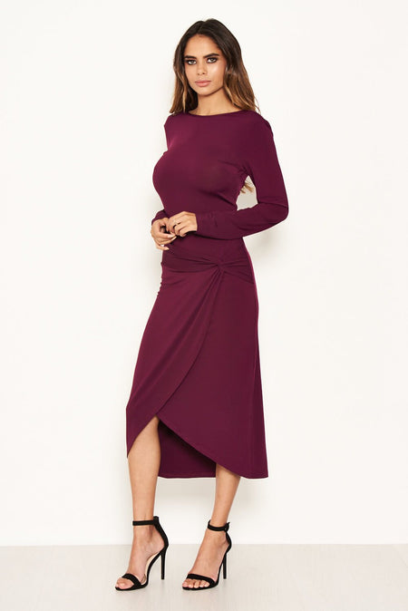 Plum Knot Front Bodycon Midi Dress