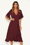 Plum Midi Dress With Frill Hem And Sleeves