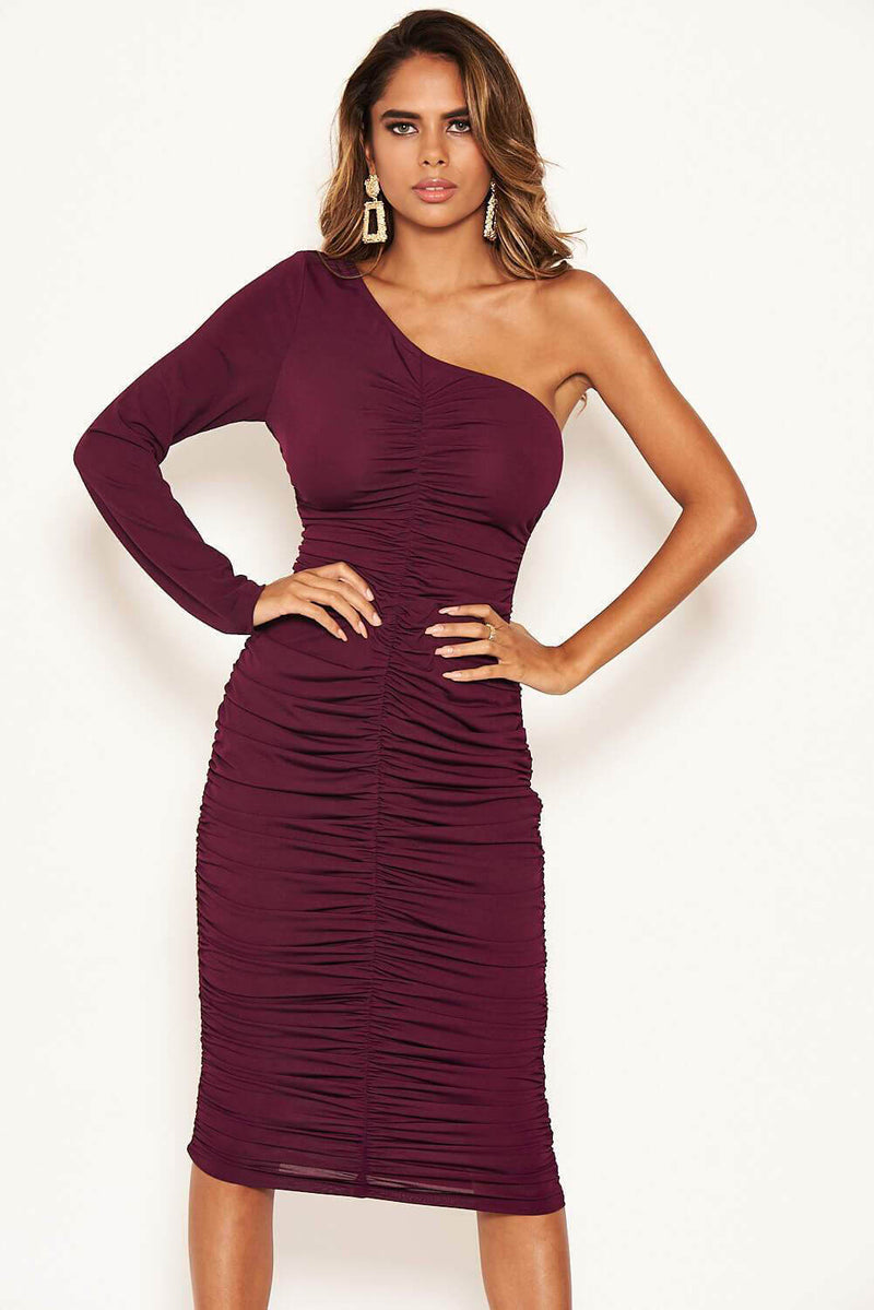 Plum One Shoulder Ruched Dress