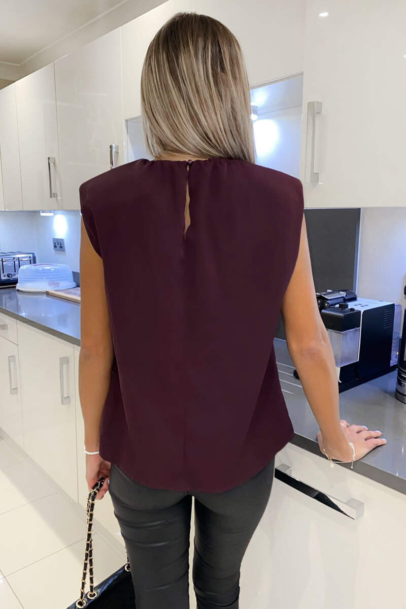 Plum Padded Shoulder Sleeveless Blouse