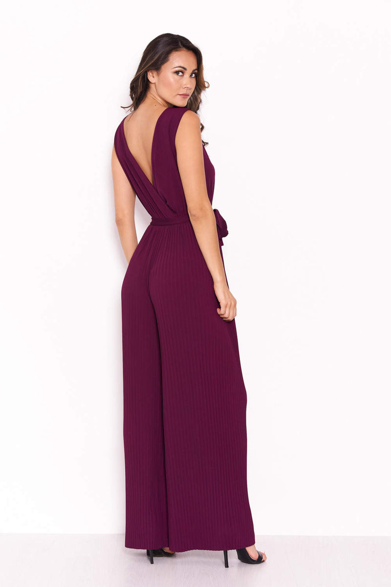 Plum Pleated Tie-Waist Jumpsuit