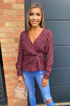 Plum Polka Dot Long Sleeve Wrap Top