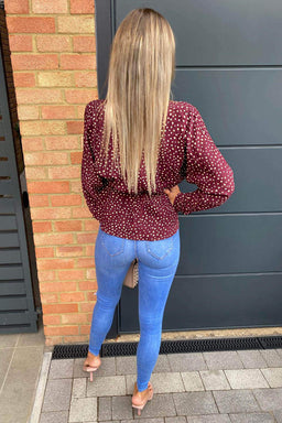 Plum Polka Dot Long Sleeve Wrap Top
