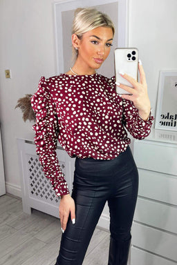 Plum Printed Long Gathered Sleeve Blouse