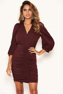 Plum Ruched Bodycon Dress With Cut Out Back