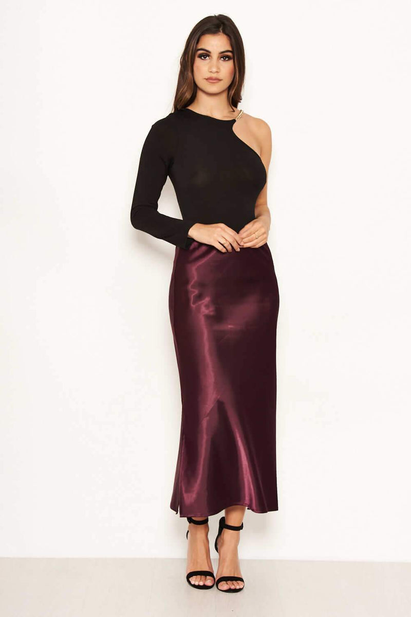 Plum Satin Midi Skirt