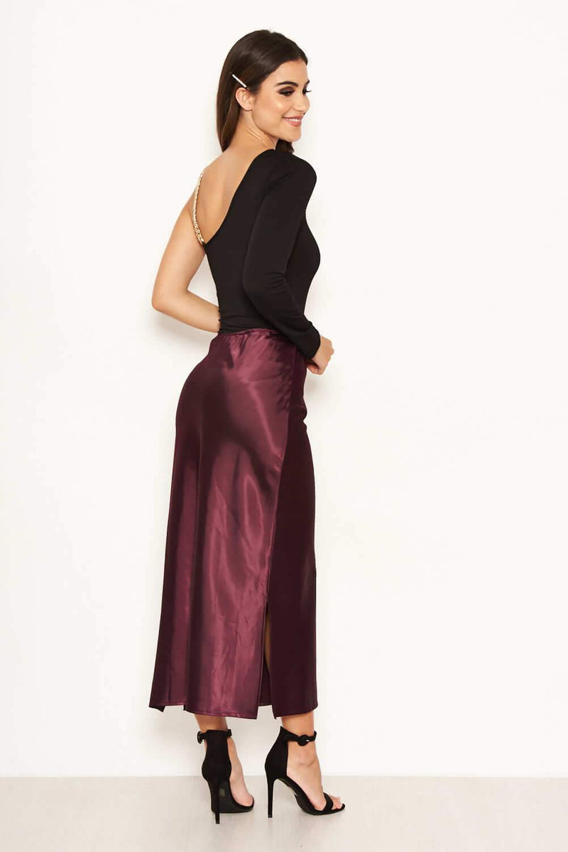 Plum Satin Midi Skirt