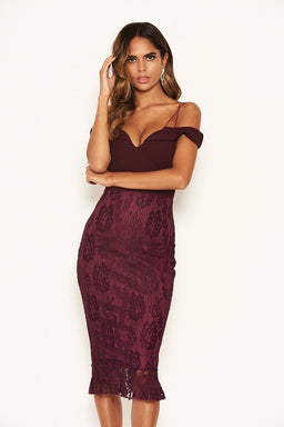 Plum Strappy Lace Skirt Frill Hem Dress