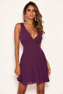 Plum V Neck Pleated Mini Dress