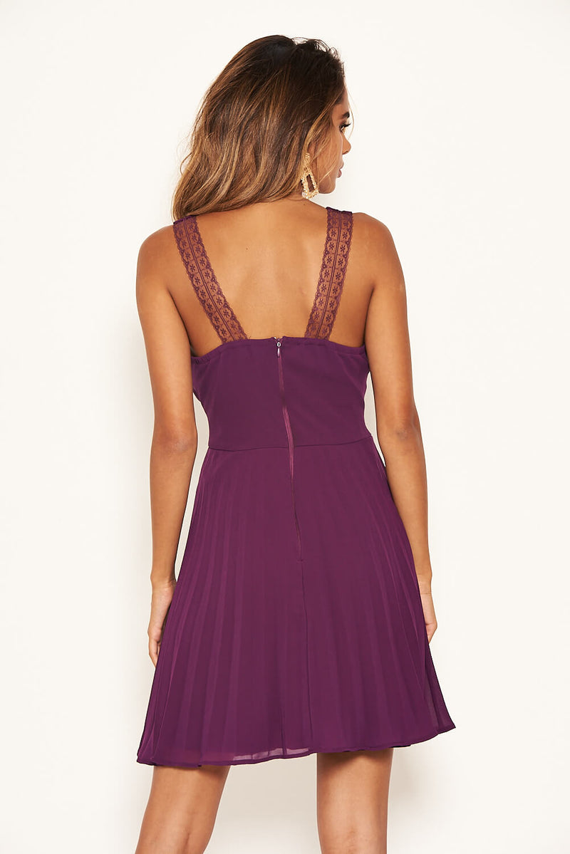 Plum V Neck Pleated Mini Dress