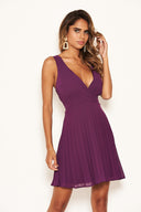 Plum V Neck Pleated Mini Dress