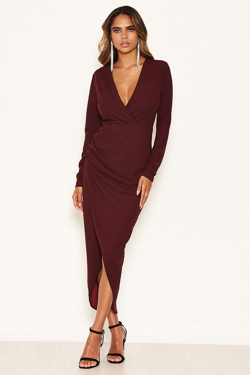 Plum Wrap Bodycon Ruched Dress