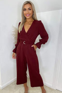 Wine Wrap Over Elasticated Cuff Belted Jumpsuit